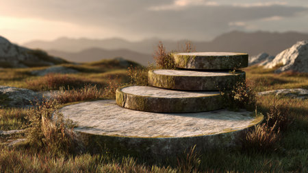 The image shows a circular stone platform in an open landscape with grass and distant mountains. The scene is set for text placement.の素材