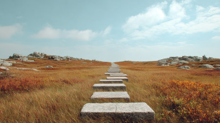 Stone pathway stretches across golden grass field with rocks scattered in the background under a bright but cloudy sky.の素材