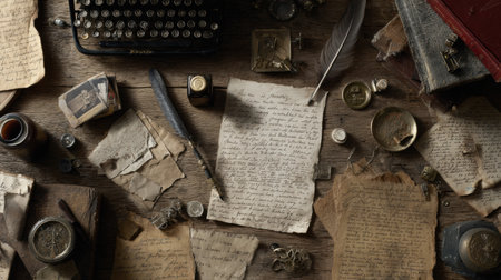 Vintage desk is filled with scattered letters, ink bottles, and a typewriter, capturing the busy atmosphere of a writers workspace long ago.の素材