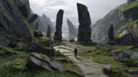A person walks through a landscape filled with stone remnants and standing stones by a water body after a collapse in a remote location.の素材