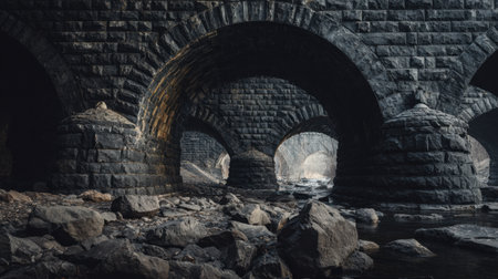Visitors explore a series of stone arches near a river, showcasing ancient engineering techniques in a historic setting.の素材