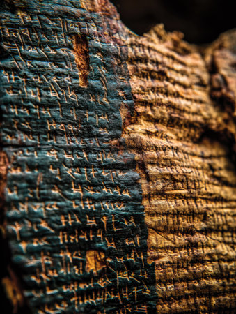 Surface of traditional paper displaying intricate signs and symbols resembling ancient writing styles from historical materials.の素材