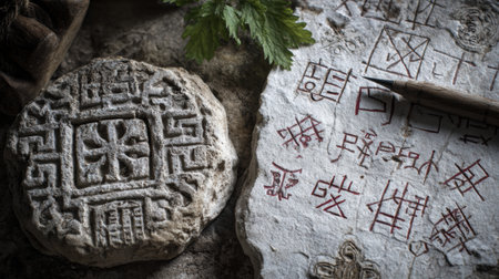 An ancient map carved into stone displays intricate designs and markings that reveal planning and foresight methods from past civilizations.の素材