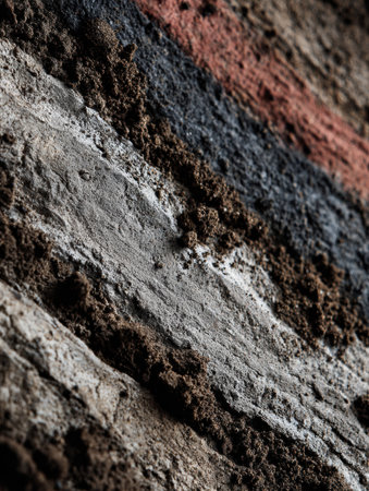 Different layers of stone and soil reveal the earths history with textures showing various colors and materials in a geological formation.の素材