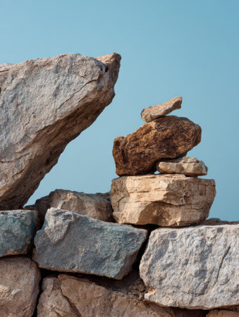 Stones are carefully stacked on top of each other on a textured background of soft stone, highlighting a balance in appearance and structure.の素材