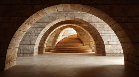 Ancient engineering featuring stone arches and a staircase that leads up, showcasing architectural skill.の素材
