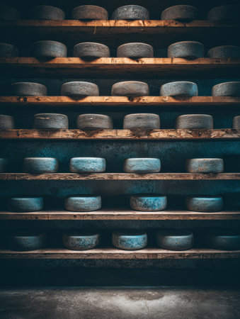 Artisan cheese wheels on wooden shelves in a cool stone cellar showcase craftsmanship, providing a unique backdrop for gourmet promotions.の素材