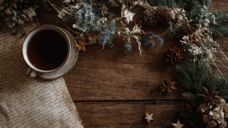 A flat lay shows a cup of coffee beside a vintage manuscript with dried flowers and greenery around it on a wooden table.の素材