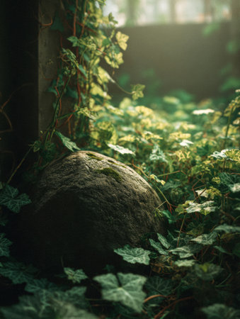 Greenery surrounds a large stone in soft light that filters through nearby plants. This setting invites thoughts and reflection in nature.の素材