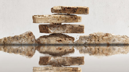 Eroded stone blocks portray strength and resilience, standing firm despite wear and reflecting on a calm surface below.の素材