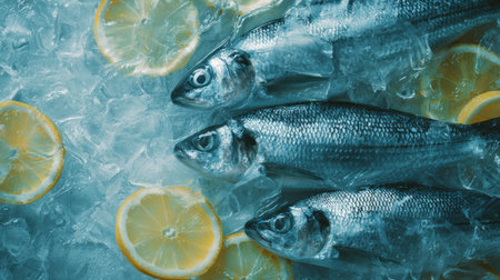 Fresh fish sits on ice alongside lemon slices, showcasing details that highlight coastal culinary experiences perfect for market promotions.の素材