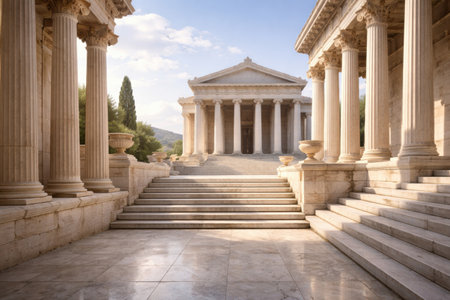Columns rise on both sides of a stone pathway leading to a temple. The scene features greenery and soft sunlight illuminating the structure.の素材