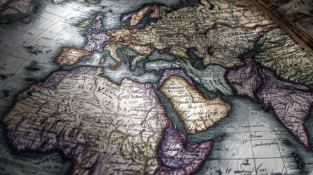Map highlights historical regions of Europe, Africa, and the Middle East in muted tones, featuring past cartography and geography.の素材
