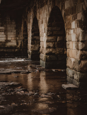 Historical stone archways support a structure over water. The strong materials highlight durability in the construction of the bridge.の素材