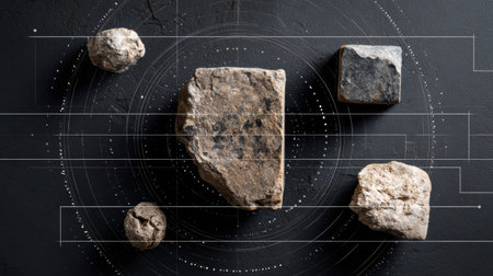 Various ancient stone pieces arranged in a modular layout highlight systems thinking principles through geometric forms.の素材