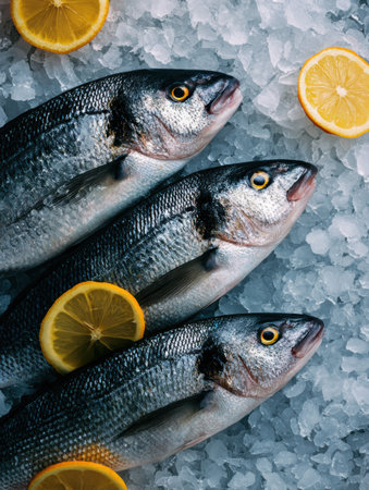 Fresh fish lies on ice with lemon slices, showcasing details and colors that speak to coastal cuisine and culinary tours.の素材