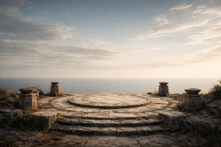 A circular stone platform is positioned on a cliff with ocean views. The sky shows clouds at sunset, creating a dramatic scene.の素材