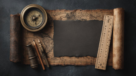 Antique map tools are arranged on aged paper, featuring a compass, ruler, and blank paper ready for use in charting or planning.の素材