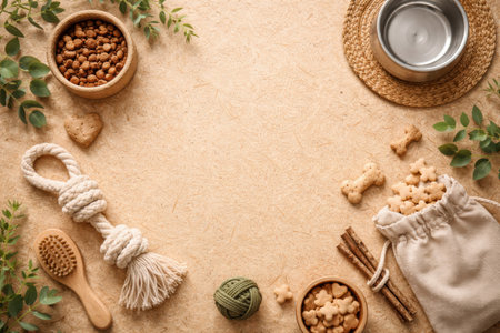Dog treats, bowls, and a rope toy are placed on a wooden surface surrounded by greenery and additional pet care items.の素材