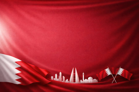 Red fabric backdrop features the flag of Bahrain and outlines of the citys skyline and landmarks for a national celebration.の素材