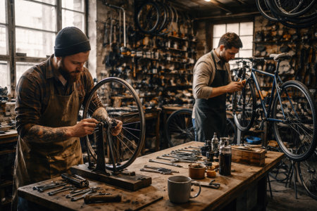 Men work in a busy workshop fixing bicycles with various tools and equipment around them in daylight.の素材