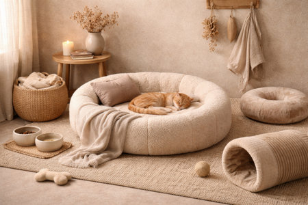 A cat lies comfortably in a plush bed in a simple, warm room with soft textures and natural elements, creating a cozy space for relaxation.の素材