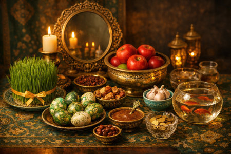 Decorative bowls display fruits, sweets, and dishes arranged for a joyful gathering. Candles and greenery enhance the festive feel.の素材
