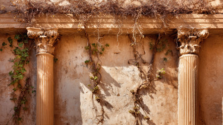Textured stone columns and vines reflect authentic history under the Mediterranean sun, suggesting an ancient site rich in culture.の素材