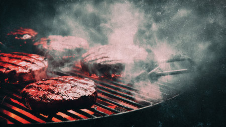Smoke billows from a grill as charred burgers sizzle, capturing the essence of summer gatherings and outdoor cooking traditions.の素材