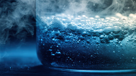 Bubbling blue solution in glass beaker produces vapor under lab light, showcasing the process of a chemical reaction with visible bubbles and texture.の素材