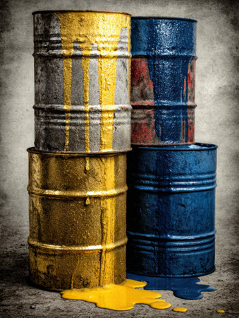 Oil barrels in weathered metallic colors show crude stains on the concrete floor, set up for potential branding and promotion use.の素材