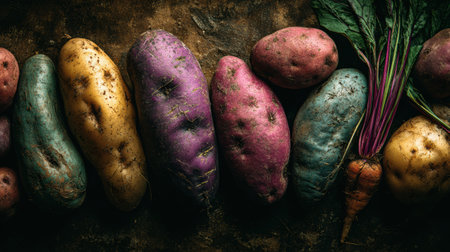 Fresh vegetables with unique shapes and colors are arranged on a textured surface, capturing the organic feel of a farm setting in daylight.の素材