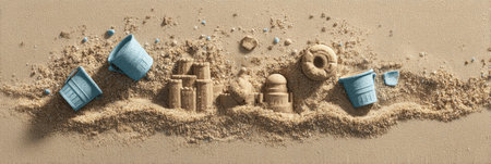 Children build sandcastles using buckets and shovels, creating memorable shapes on wet sand while enjoying a day at the beach, capturing summer joy.の素材
