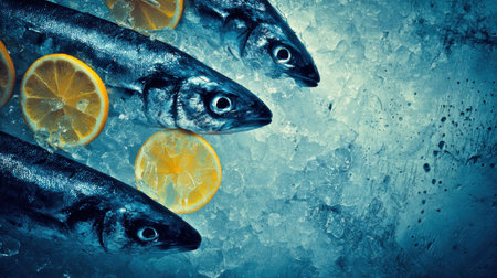 Glistening fresh fish and lemon slices rest on crunchy ice, showcasing coastal treasures and setting the stage for cooking adventures.の素材