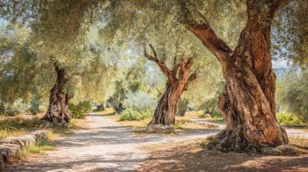 An olive grove pathway runs between ancient trees with sunlight shining on the leaves, inviting culinary exploration and relaxation.の素材