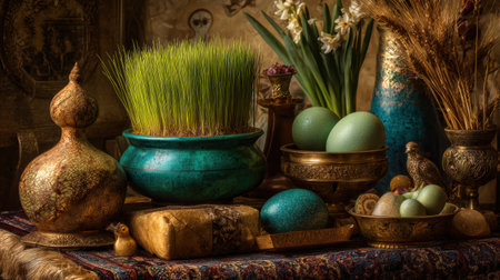 Display shows a haft-sin table with wheat, painted eggs, and traditional items for Nowruz celebration during spring equinox.の素材