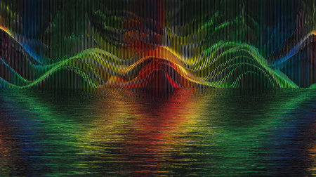 Water ripples form colorful interference patterns, showcasing optics and wave theory in an aquatic setting.の素材