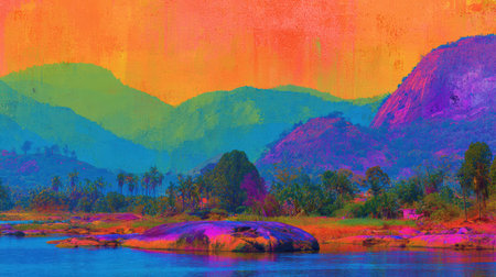 Scene features colorful beaches, mountains, and cityscapes designed for modern tourism trends and advertising without text or logos.の素材