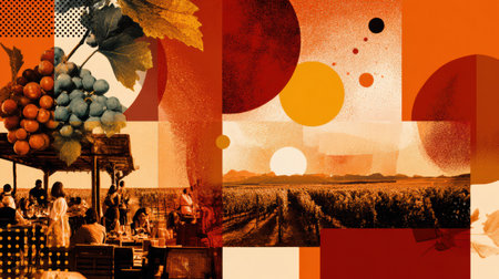 Experience vibrant culinary tours with vineyards and markets showcasing cooking classes in warm colors and rich textures.の素材