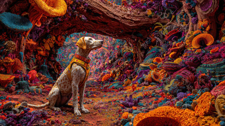 Vibrant Surreal Scene of Personalized Pet Items With Custom Nutrition and Engraved Collars in a Colorful Setting for 2026 Advertising Trendsの素材