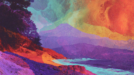 Vibrant Surreal Scene Featuring Beach, Mountains, and Cityscape Showing Textures and Colors Ideal for 2026 Trend Advertising and Stock Useの素材