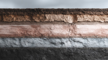 Layers of soil and stone show geological formations with cracks and sediment lines in a neutral color scheme, revealing Earths history.の素材
