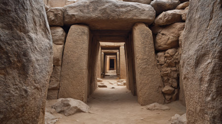 Ancient ruins show tall stone walls and narrow passage leading deeper into the historic site. Visitors can walk through and explore this area.の素材