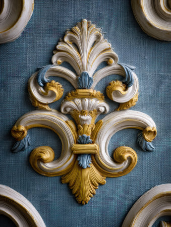 Ornament detail features a baroque style with detailed swirls in contrasting colors against a textured background.の素材