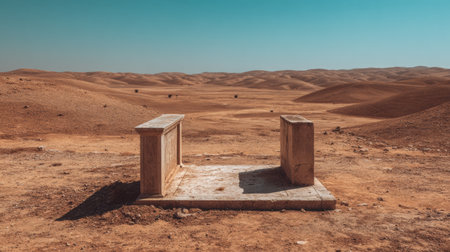 A stone platform stands in an empty landscape with low hills and a clear sky. This place appears to have been used for rituals in ancient times.の素材