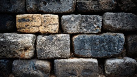 This close-up displays a textured stone wall from ancient ruins, highlighting the unique shapes and colors of each stone in its construction.の素材
