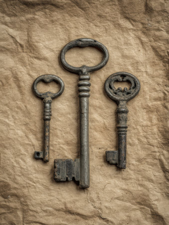 Three antique keys rest on a textured parchment surface, inviting thoughts of history and hidden stories waiting to be uncovered.の素材