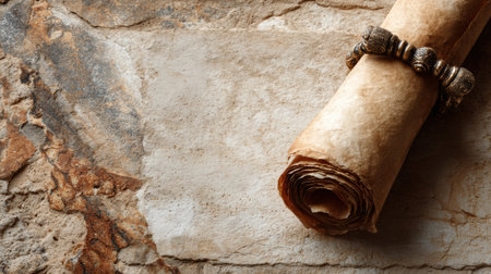 A worn scroll rests on a stone surface, showcasing ancient materials and textures that tell stories from the past and connect to history.の素材