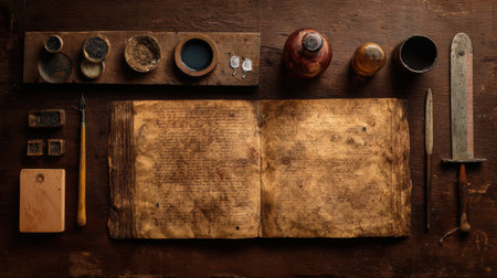 Book pages with age show details alongside tools used for crafting, giving insight into traditional working methods and materials.の素材