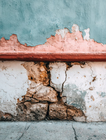 The surface of an ancient wall with soft warm tones and visible cracks offers a unique texture and space for creative projects or design work.の素材